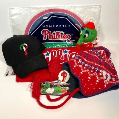 LOT 146: Vintage Philadelphia Phillies Collection - Youth Tackle Twill Jim Thome #25 T-Shirt, Crocheted Phanatic, Italian Baseball Cap,...