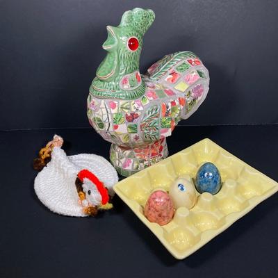 LOT 149: The Chicken and The Egg - Mosaic Decorative Hen, Onyx Eggs in Ceramic Holder and Crocheted Pot Holder