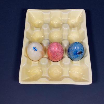 LOT 149: The Chicken and The Egg - Mosaic Decorative Hen, Onyx Eggs in Ceramic Holder and Crocheted Pot Holder
