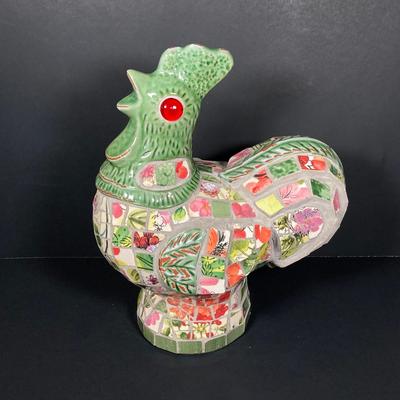 LOT 149: The Chicken and The Egg - Mosaic Decorative Hen, Onyx Eggs in Ceramic Holder and Crocheted Pot Holder
