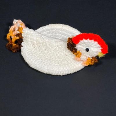 LOT 149: The Chicken and The Egg - Mosaic Decorative Hen, Onyx Eggs in Ceramic Holder and Crocheted Pot Holder