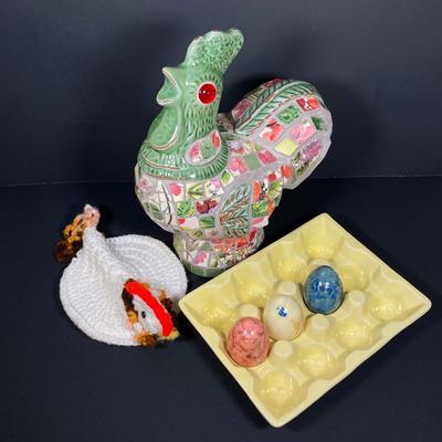 LOT 149: The Chicken and The Egg - Mosaic Decorative Hen, Onyx Eggs in Ceramic Holder and Crocheted Pot Holder