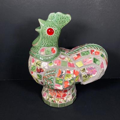 LOT 149: The Chicken and The Egg - Mosaic Decorative Hen, Onyx Eggs in Ceramic Holder and Crocheted Pot Holder