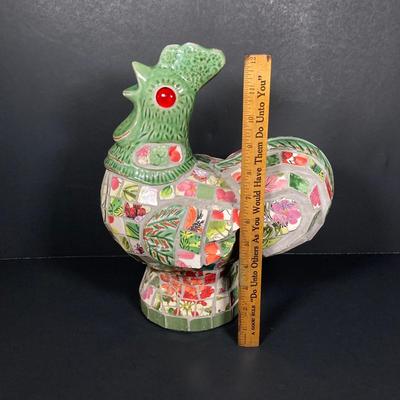 LOT 149: The Chicken and The Egg - Mosaic Decorative Hen, Onyx Eggs in Ceramic Holder and Crocheted Pot Holder