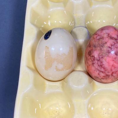 LOT 149: The Chicken and The Egg - Mosaic Decorative Hen, Onyx Eggs in Ceramic Holder and Crocheted Pot Holder