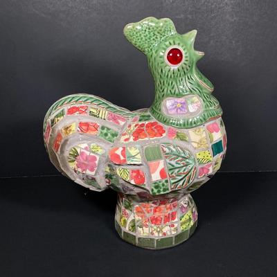 LOT 149: The Chicken and The Egg - Mosaic Decorative Hen, Onyx Eggs in Ceramic Holder and Crocheted Pot Holder