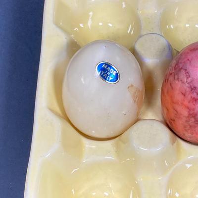 LOT 149: The Chicken and The Egg - Mosaic Decorative Hen, Onyx Eggs in Ceramic Holder and Crocheted Pot Holder