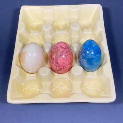 LOT 149: The Chicken and The Egg - Mosaic Decorative Hen, Onyx Eggs in Ceramic Holder and Crocheted Pot Holder