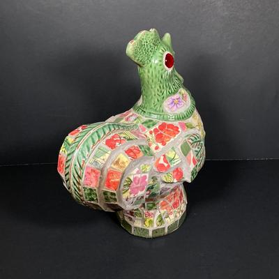 LOT 149: The Chicken and The Egg - Mosaic Decorative Hen, Onyx Eggs in Ceramic Holder and Crocheted Pot Holder