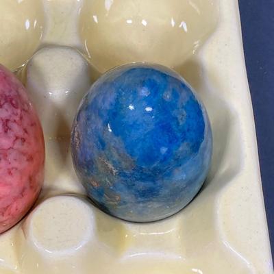 LOT 149: The Chicken and The Egg - Mosaic Decorative Hen, Onyx Eggs in Ceramic Holder and Crocheted Pot Holder