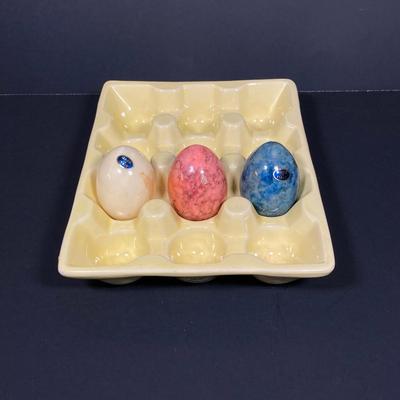 LOT 149: The Chicken and The Egg - Mosaic Decorative Hen, Onyx Eggs in Ceramic Holder and Crocheted Pot Holder