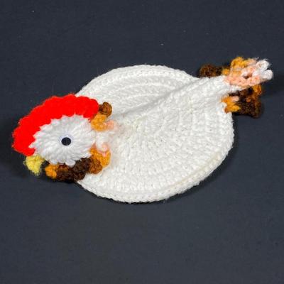 LOT 149: The Chicken and The Egg - Mosaic Decorative Hen, Onyx Eggs in Ceramic Holder and Crocheted Pot Holder