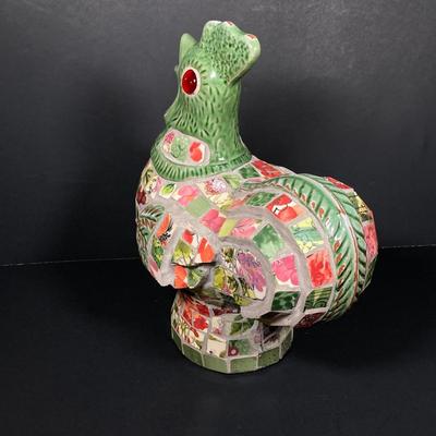 LOT 149: The Chicken and The Egg - Mosaic Decorative Hen, Onyx Eggs in Ceramic Holder and Crocheted Pot Holder