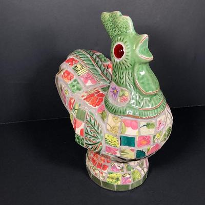 LOT 149: The Chicken and The Egg - Mosaic Decorative Hen, Onyx Eggs in Ceramic Holder and Crocheted Pot Holder