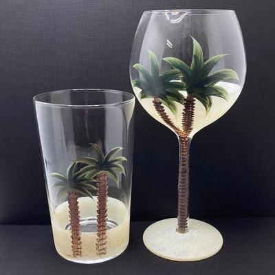 LOT 150: Tommy Bahama Style Palm Tree Drinking Glasses with Acrylic Pitcher