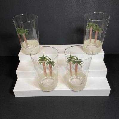 LOT 150: Tommy Bahama Style Palm Tree Drinking Glasses with Acrylic Pitcher