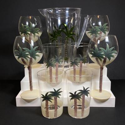 LOT 150: Tommy Bahama Style Palm Tree Drinking Glasses with Acrylic Pitcher