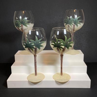 LOT 150: Tommy Bahama Style Palm Tree Drinking Glasses with Acrylic Pitcher