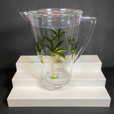 LOT 150: Tommy Bahama Style Palm Tree Drinking Glasses with Acrylic Pitcher
