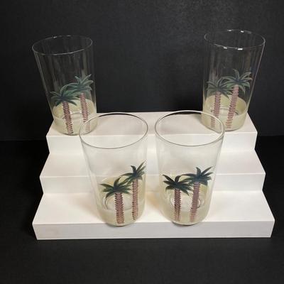 LOT 150: Tommy Bahama Style Palm Tree Drinking Glasses with Acrylic Pitcher