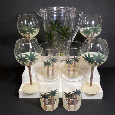 LOT 150: Tommy Bahama Style Palm Tree Drinking Glasses with Acrylic Pitcher