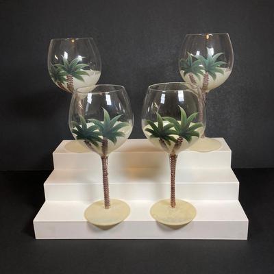 LOT 150: Tommy Bahama Style Palm Tree Drinking Glasses with Acrylic Pitcher