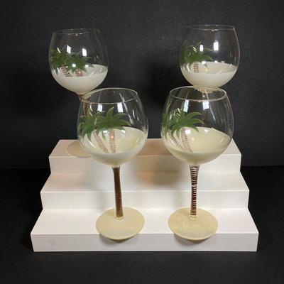 LOT 150: Tommy Bahama Style Palm Tree Drinking Glasses with Acrylic Pitcher