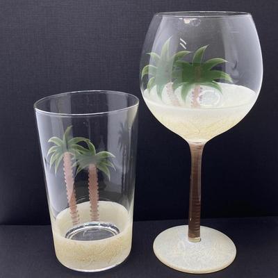 LOT 150: Tommy Bahama Style Palm Tree Drinking Glasses with Acrylic Pitcher