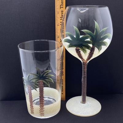 LOT 150: Tommy Bahama Style Palm Tree Drinking Glasses with Acrylic Pitcher
