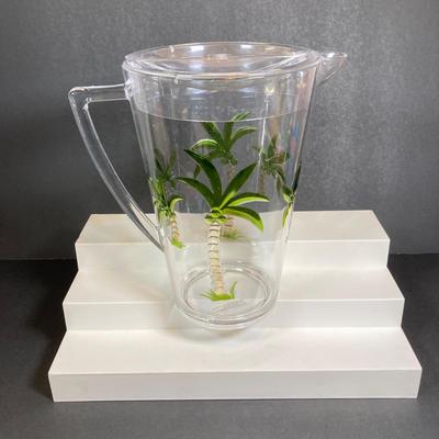 LOT 150: Tommy Bahama Style Palm Tree Drinking Glasses with Acrylic Pitcher