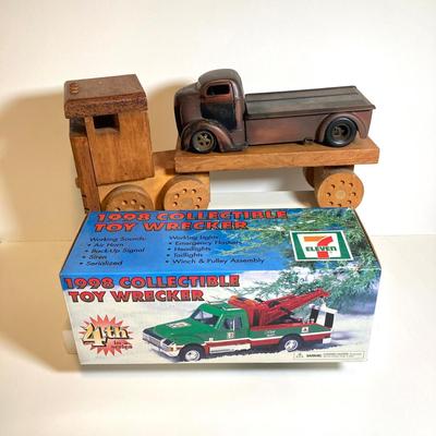 LOT 154: Cool Toy Truck Collection - Jada Toys Tow Truck, 1998 7-Eleven Collectible Toy Wrecker and Wooden Flat Bed Tractor / Trailer