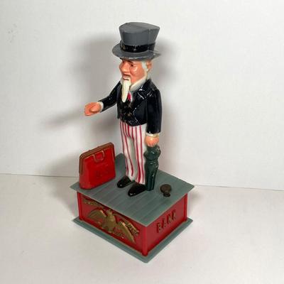LOT 155: Vintage Uncle Sam Bank, George Washington Clear Glass Bottle, Federal Reserve Bank of Philadelphia Shredded Paper Bills, No Cash...