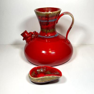 LOT 156: Vintage Hand Painted Red Italian Ceramic Pipe Spout Vase and Ashtray