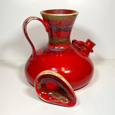 LOT 156: Vintage Hand Painted Red Italian Ceramic Pipe Spout Vase and Ashtray