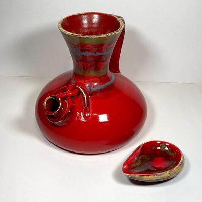 LOT 156: Vintage Hand Painted Red Italian Ceramic Pipe Spout Vase and Ashtray