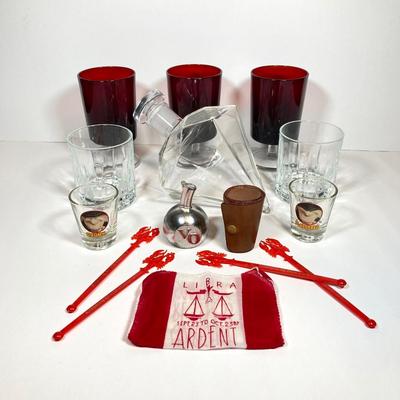 LOT 158: Entertaining / Bar Collection - Diamond Shaped Decanter, Shot Glasses, Ruby Red Glasses, Bookbinder's Stirrers, Libra Cloth...