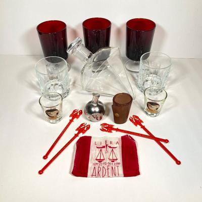 LOT 158: Entertaining / Bar Collection - Diamond Shaped Decanter, Shot Glasses, Ruby Red Glasses, Bookbinder's Stirrers, Libra Cloth...