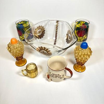 LOT 159: Mid-Century Modern Collection - Georges Briard Bowl, Nigor Amber Italy Grapes Salt and Pepper Shakers, Love Is Mug and More
