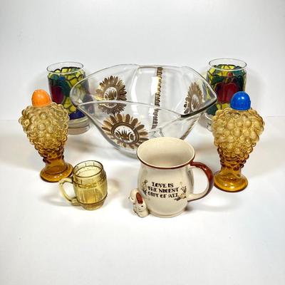 LOT 159: Mid-Century Modern Collection - Georges Briard Bowl, Nigor Amber Italy Grapes Salt and Pepper Shakers, Love Is Mug and More