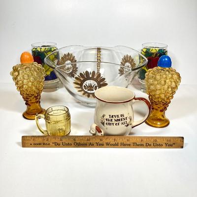 LOT 159: Mid-Century Modern Collection - Georges Briard Bowl, Nigor Amber Italy Grapes Salt and Pepper Shakers, Love Is Mug and More