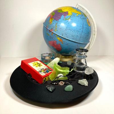 LOT 160: Vintage Occult Collection - Tarot Cards, Zodiac Globe, Crystals / Stones, Collapsible Magician / Top Hat and More