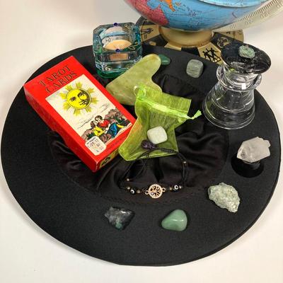 LOT 160: Vintage Occult Collection - Tarot Cards, Zodiac Globe, Crystals / Stones, Collapsible Magician / Top Hat and More