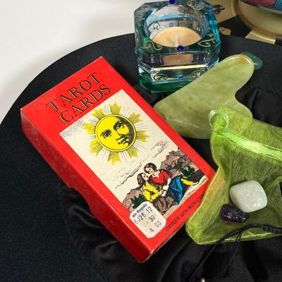 LOT 160: Vintage Occult Collection - Tarot Cards, Zodiac Globe, Crystals / Stones, Collapsible Magician / Top Hat and More
