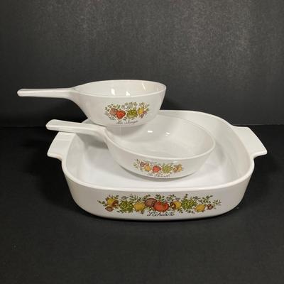 LOT 161: Vintage Corning Ware Pyrex Spice of Life Collection and Six Arcoroc France Glass Dishes