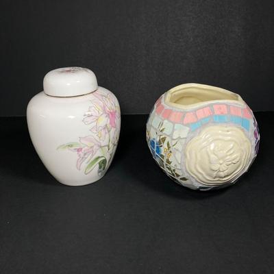 LOT 162: Beautiful Hand Painted and Framed Work of Art by Artist Elma C. Davidson, Mosaic Planter and Japan Ginger Jar