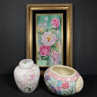 LOT 162: Beautiful Hand Painted and Framed Work of Art by Artist Elma C. Davidson, Mosaic Planter and Japan Ginger Jar
