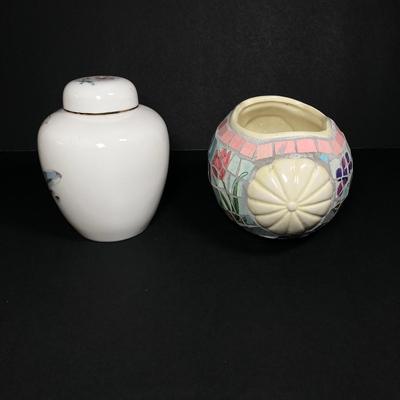 LOT 162: Beautiful Hand Painted and Framed Work of Art by Artist Elma C. Davidson, Mosaic Planter and Japan Ginger Jar