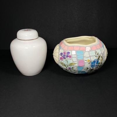 LOT 162: Beautiful Hand Painted and Framed Work of Art by Artist Elma C. Davidson, Mosaic Planter and Japan Ginger Jar