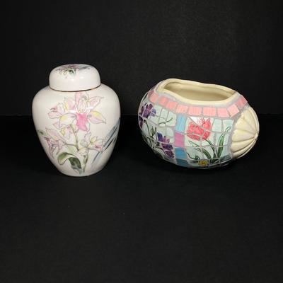 LOT 162: Beautiful Hand Painted and Framed Work of Art by Artist Elma C. Davidson, Mosaic Planter and Japan Ginger Jar