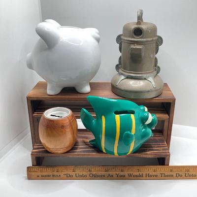 LOT 163: Collection of Coin Banks - Vintage Rexair Vacuum, Humane Society Piggy, Tropical Fish and Souvenir Barrell
